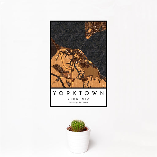 12x18 Yorktown Virginia Map Print Portrait Orientation in Ember Style With Small Cactus Plant in White Planter