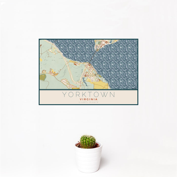 12x18 Yorktown Virginia Map Print Landscape Orientation in Woodblock Style With Small Cactus Plant in White Planter