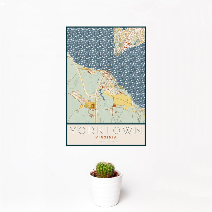 12x18 Yorktown Virginia Map Print Portrait Orientation in Woodblock Style With Small Cactus Plant in White Planter