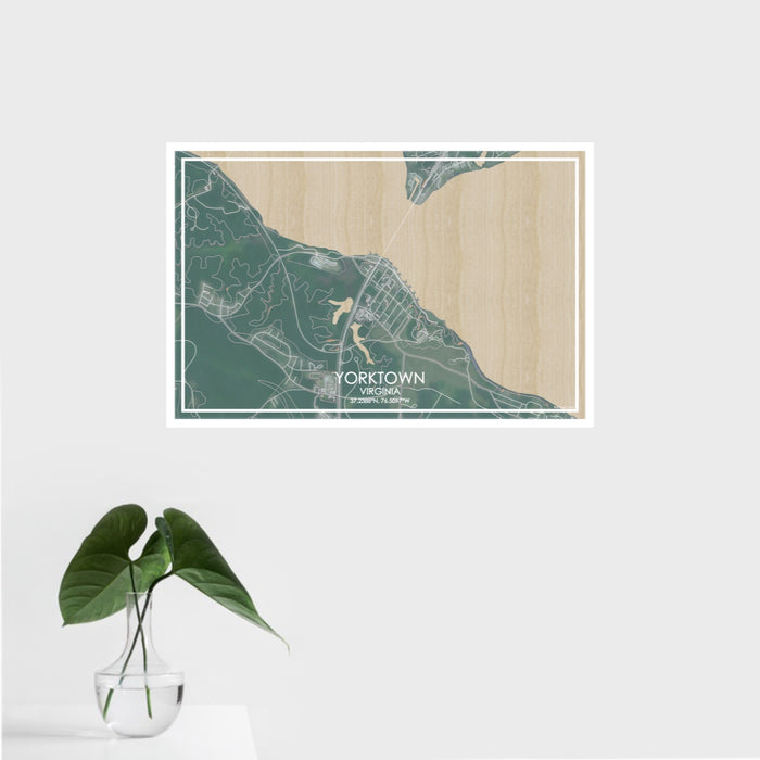 16x24 Yorktown Virginia Map Print Landscape Orientation in Afternoon Style With Tropical Plant Leaves in Water