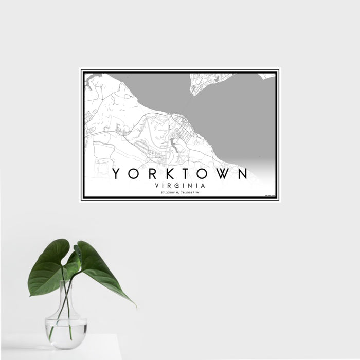 16x24 Yorktown Virginia Map Print Landscape Orientation in Classic Style With Tropical Plant Leaves in Water