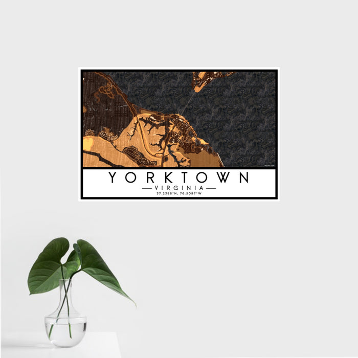 16x24 Yorktown Virginia Map Print Landscape Orientation in Ember Style With Tropical Plant Leaves in Water