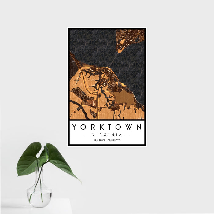 16x24 Yorktown Virginia Map Print Portrait Orientation in Ember Style With Tropical Plant Leaves in Water