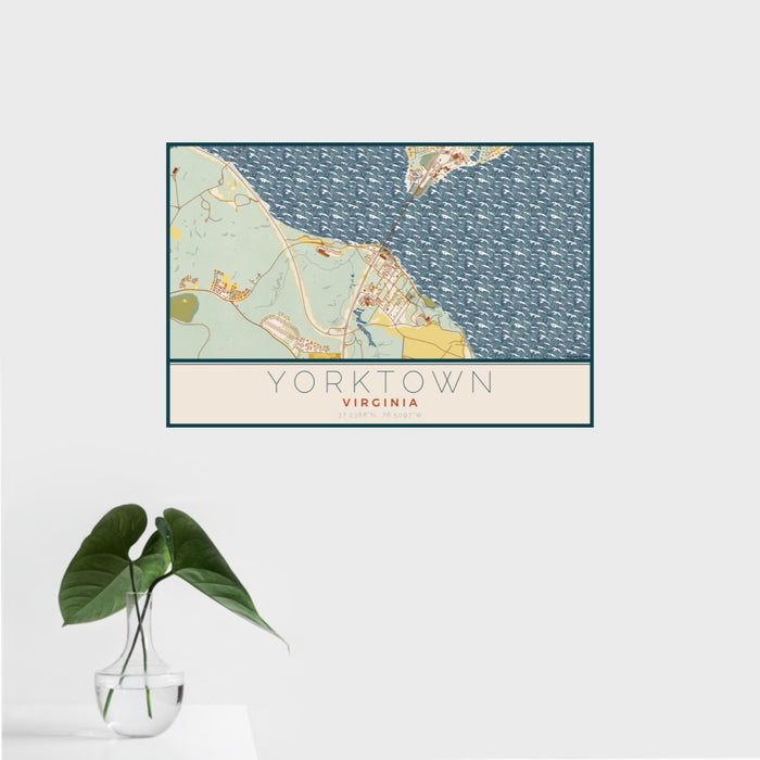 16x24 Yorktown Virginia Map Print Landscape Orientation in Woodblock Style With Tropical Plant Leaves in Water