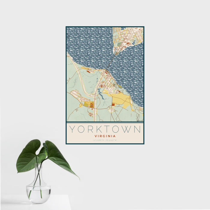 16x24 Yorktown Virginia Map Print Portrait Orientation in Woodblock Style With Tropical Plant Leaves in Water