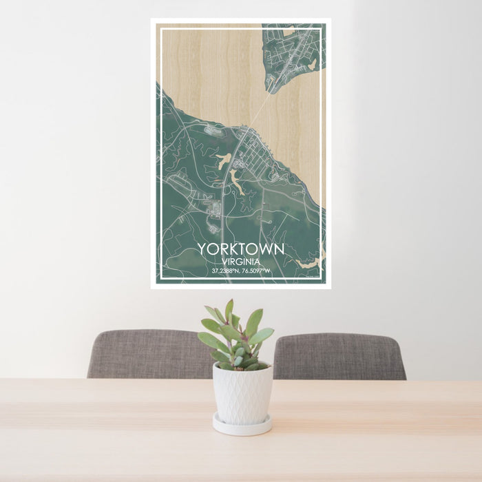 24x36 Yorktown Virginia Map Print Portrait Orientation in Afternoon Style Behind 2 Chairs Table and Potted Plant