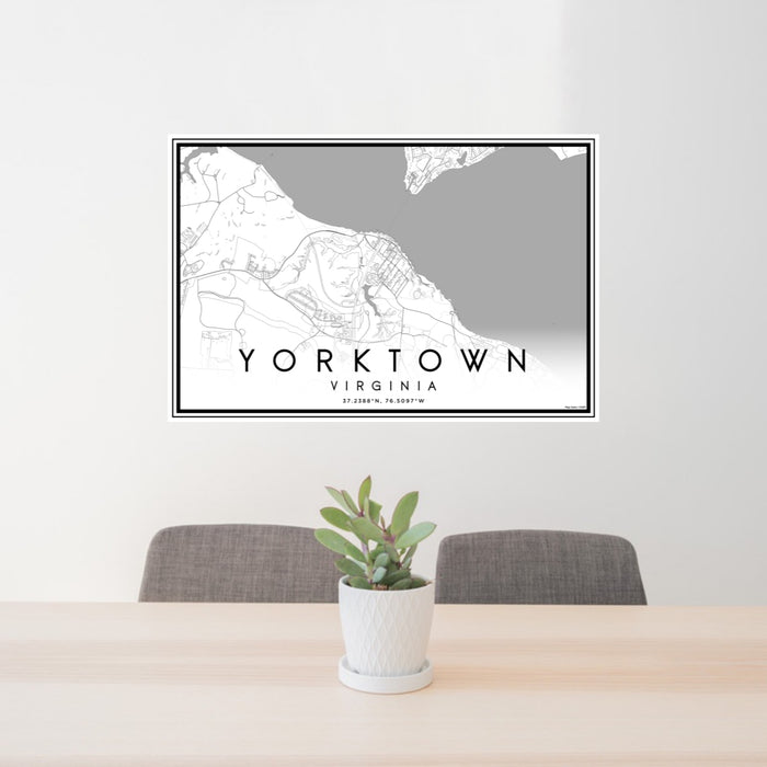24x36 Yorktown Virginia Map Print Lanscape Orientation in Classic Style Behind 2 Chairs Table and Potted Plant