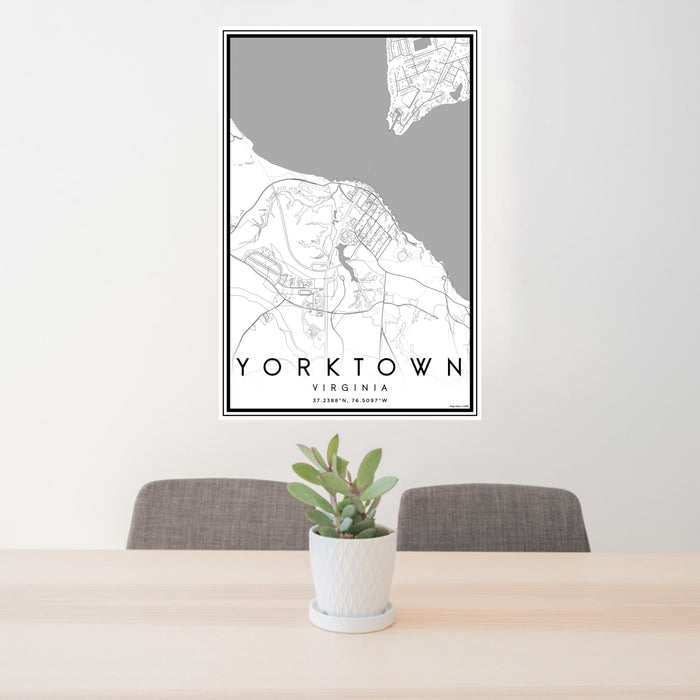 24x36 Yorktown Virginia Map Print Portrait Orientation in Classic Style Behind 2 Chairs Table and Potted Plant