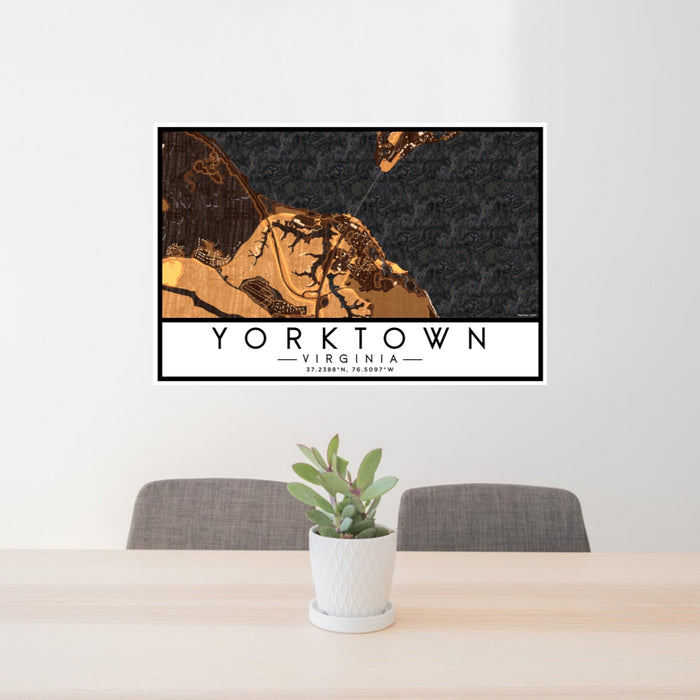 24x36 Yorktown Virginia Map Print Lanscape Orientation in Ember Style Behind 2 Chairs Table and Potted Plant