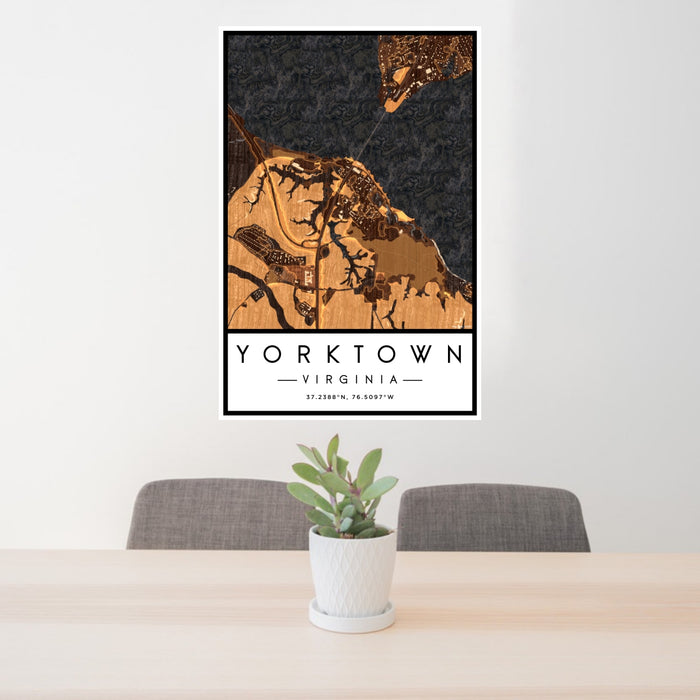 24x36 Yorktown Virginia Map Print Portrait Orientation in Ember Style Behind 2 Chairs Table and Potted Plant