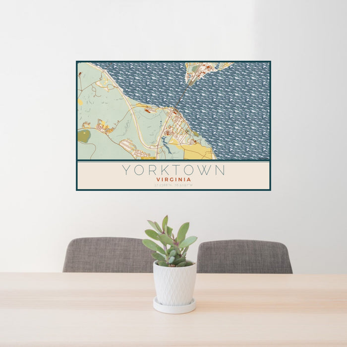 24x36 Yorktown Virginia Map Print Lanscape Orientation in Woodblock Style Behind 2 Chairs Table and Potted Plant