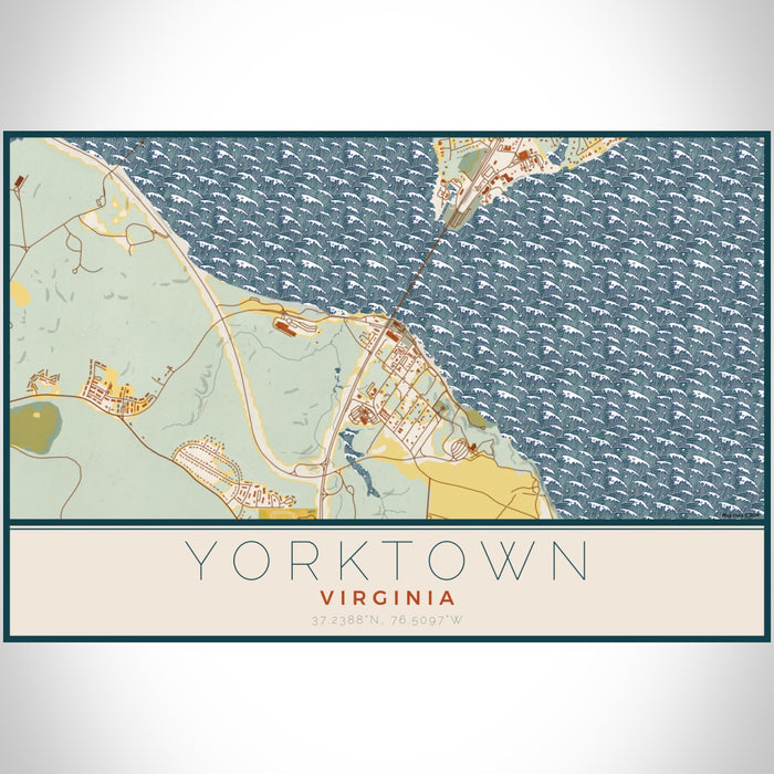 Yorktown Virginia Map Print Landscape Orientation in Woodblock Style With Shaded Background