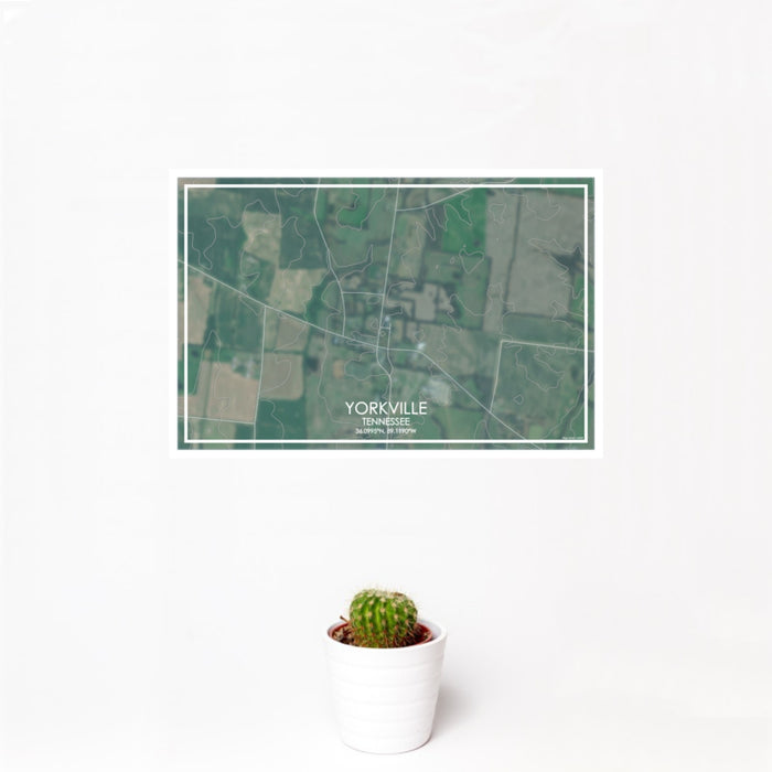 12x18 Yorkville Tennessee Map Print Landscape Orientation in Afternoon Style With Small Cactus Plant in White Planter