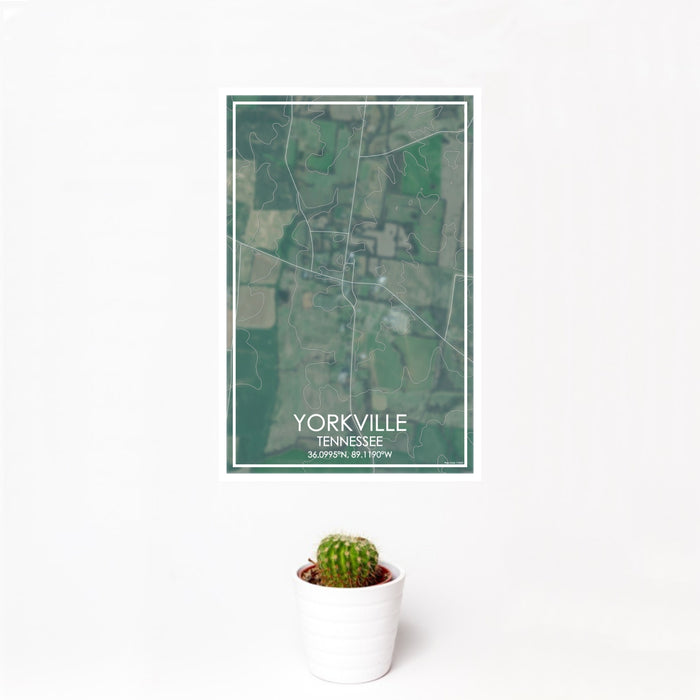 12x18 Yorkville Tennessee Map Print Portrait Orientation in Afternoon Style With Small Cactus Plant in White Planter