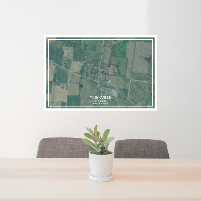 24x36 Yorkville Tennessee Map Print Lanscape Orientation in Afternoon Style Behind 2 Chairs Table and Potted Plant