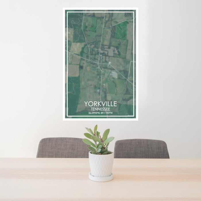 24x36 Yorkville Tennessee Map Print Portrait Orientation in Afternoon Style Behind 2 Chairs Table and Potted Plant