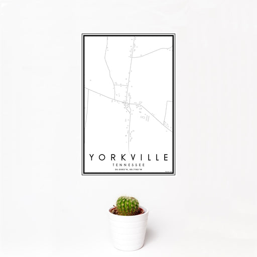 12x18 Yorkville Tennessee Map Print Portrait Orientation in Classic Style With Small Cactus Plant in White Planter
