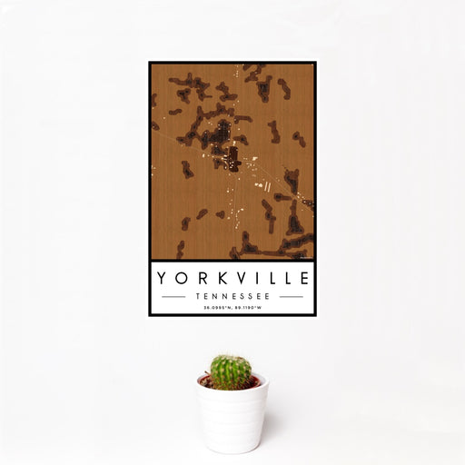 12x18 Yorkville Tennessee Map Print Portrait Orientation in Ember Style With Small Cactus Plant in White Planter