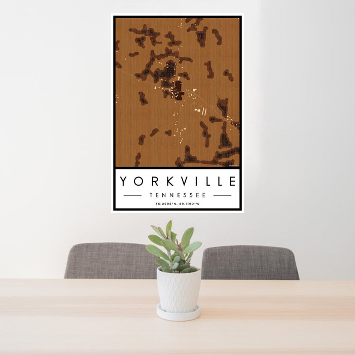 24x36 Yorkville Tennessee Map Print Portrait Orientation in Ember Style Behind 2 Chairs Table and Potted Plant