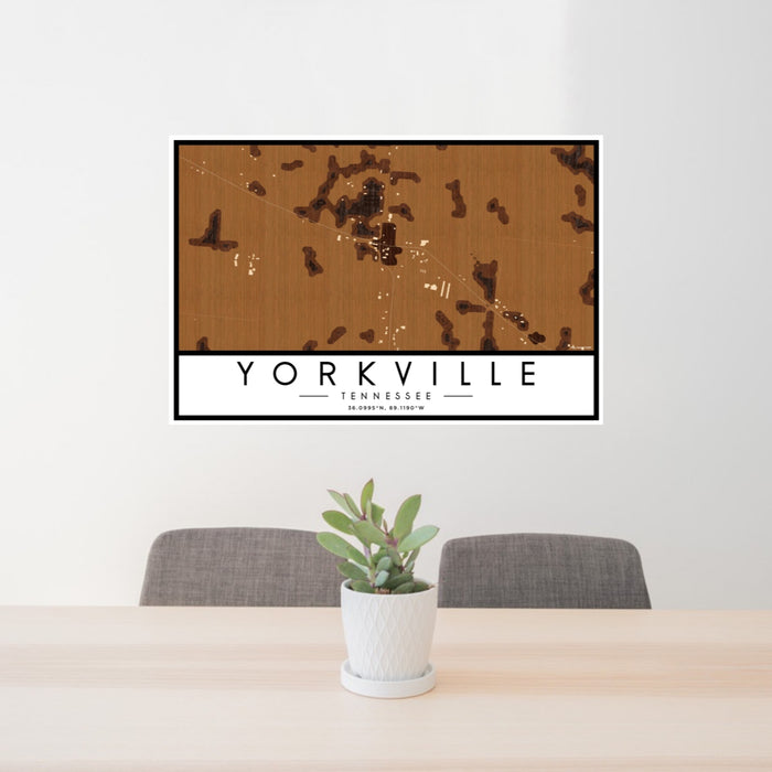 24x36 Yorkville Tennessee Map Print Landscape Orientation in Ember Style Behind 2 Chairs Table and Potted Plant