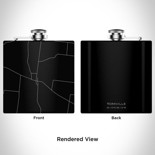 Rendered View of Yorkville Tennessee Map Engraving on 6oz Stainless Steel Flask in Black