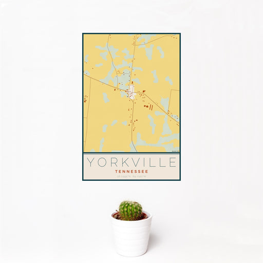 12x18 Yorkville Tennessee Map Print Portrait Orientation in Woodblock Style With Small Cactus Plant in White Planter