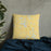 Custom Yorkville Tennessee Map Throw Pillow in Woodblock on Bedding Against Wall