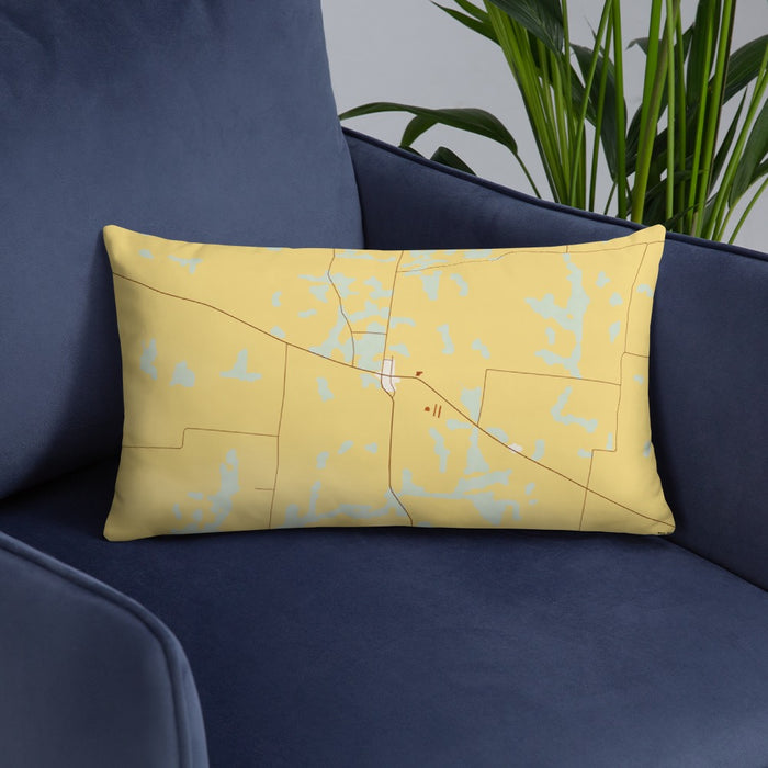 Custom Yorkville Tennessee Map Throw Pillow in Woodblock on Blue Colored Chair