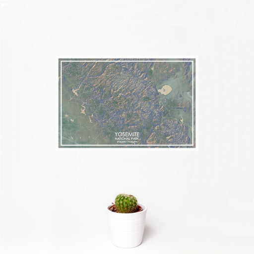 12x18 Yosemite National Park Map Print Landscape Orientation in Afternoon Style With Small Cactus Plant in White Planter