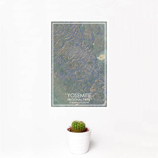 12x18 Yosemite National Park Map Print Portrait Orientation in Afternoon Style With Small Cactus Plant in White Planter