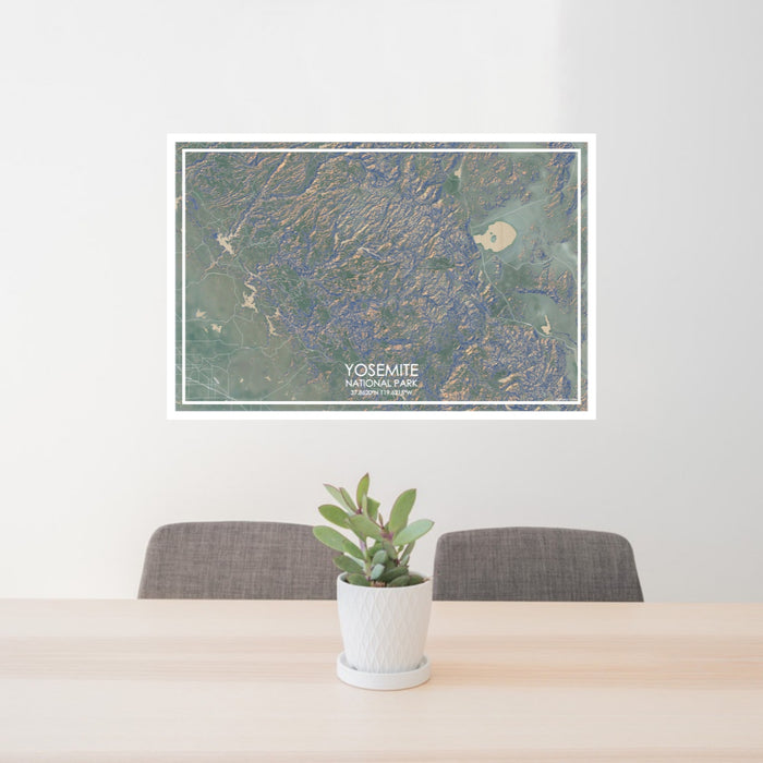 24x36 Yosemite National Park Map Print Lanscape Orientation in Afternoon Style Behind 2 Chairs Table and Potted Plant