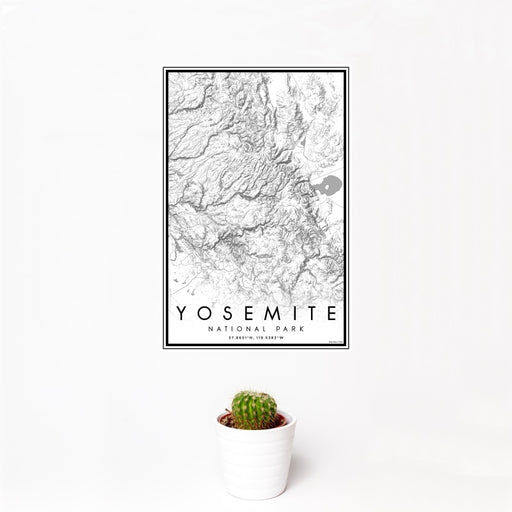 12x18 Yosemite National Park Map Print Portrait Orientation in Classic Style With Small Cactus Plant in White Planter