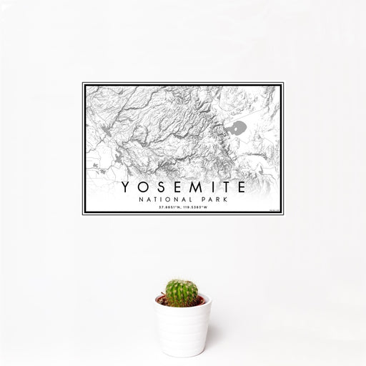 12x18 Yosemite National Park Map Print Landscape Orientation in Classic Style With Small Cactus Plant in White Planter