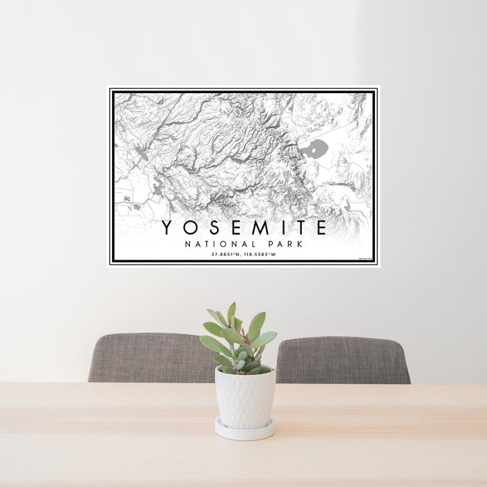 24x36 Yosemite National Park Map Print Landscape Orientation in Classic Style Behind 2 Chairs Table and Potted Plant