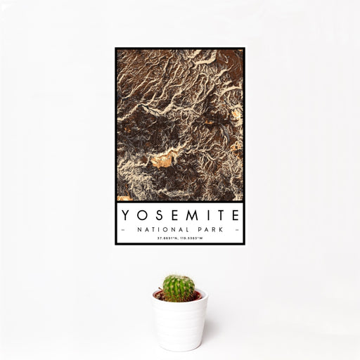 12x18 Yosemite National Park Map Print Portrait Orientation in Ember Style With Small Cactus Plant in White Planter