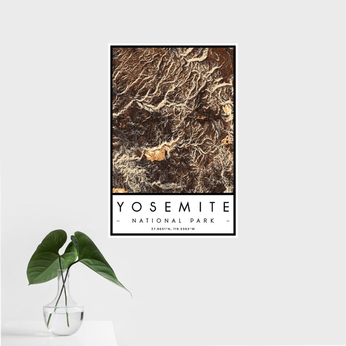 16x24 Yosemite National Park Map Print Portrait Orientation in Ember Style With Tropical Plant Leaves in Water