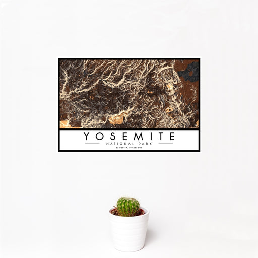12x18 Yosemite National Park Map Print Landscape Orientation in Ember Style With Small Cactus Plant in White Planter