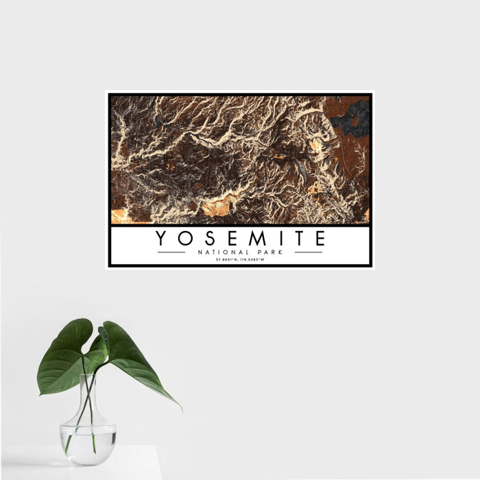 16x24 Yosemite National Park Map Print Landscape Orientation in Ember Style With Tropical Plant Leaves in Water