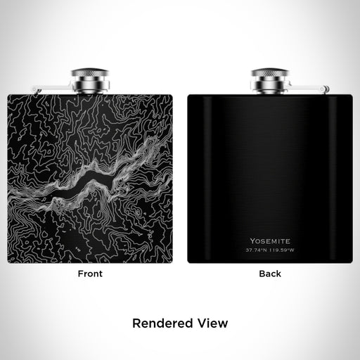 Rendered View of Yosemite National Park Map Engraving on 6oz Stainless Steel Flask in Black