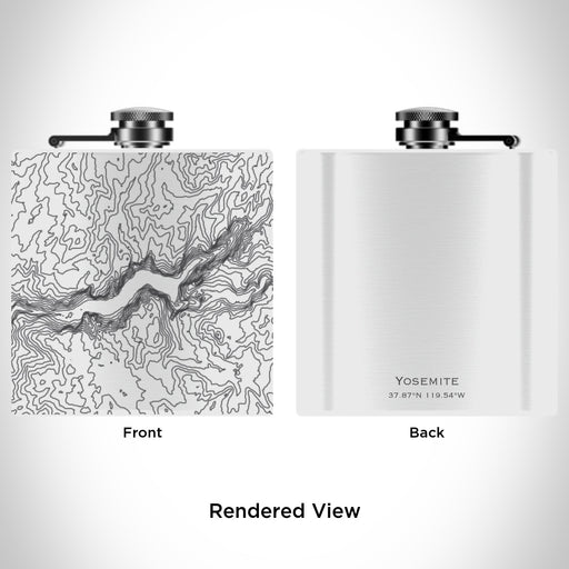Rendered View of Yosemite National Park Map Engraving on 6oz Stainless Steel Flask in White