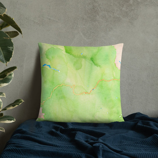 Custom Yosemite National Park Map Throw Pillow in Watercolor on Bedding Against Wall