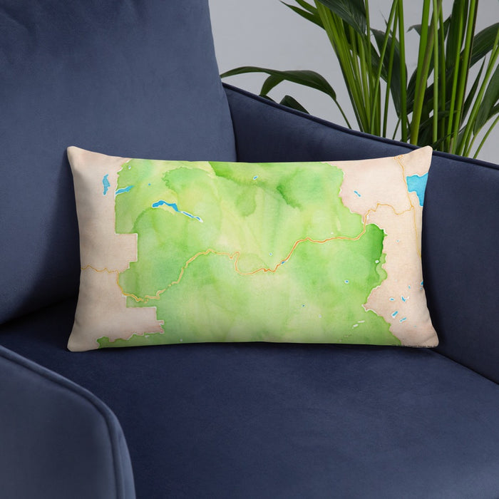Custom Yosemite National Park Map Throw Pillow in Watercolor on Blue Colored Chair