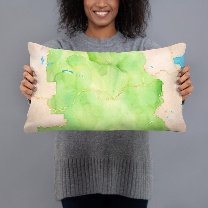 Person holding 20x12 Custom Yosemite National Park Map Throw Pillow in Watercolor