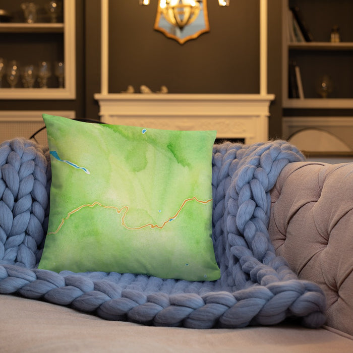 Custom Yosemite National Park Map Throw Pillow in Watercolor on Cream Colored Couch