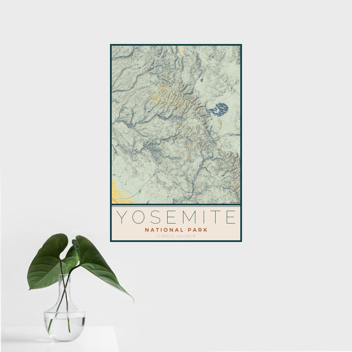 16x24 Yosemite National Park Map Print Portrait Orientation in Woodblock Style With Tropical Plant Leaves in Water