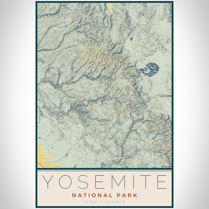 Yosemite National Park Map Print Portrait Orientation in Woodblock Style With Shaded Background
