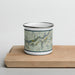 Front View Custom Yosemite National Park Map Enamel Mug in Woodblock on Cutting Board