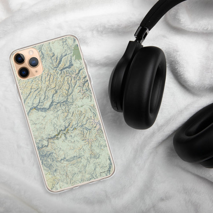 Custom Yosemite National Park Map Phone Case in Woodblock on Table with Black Headphones