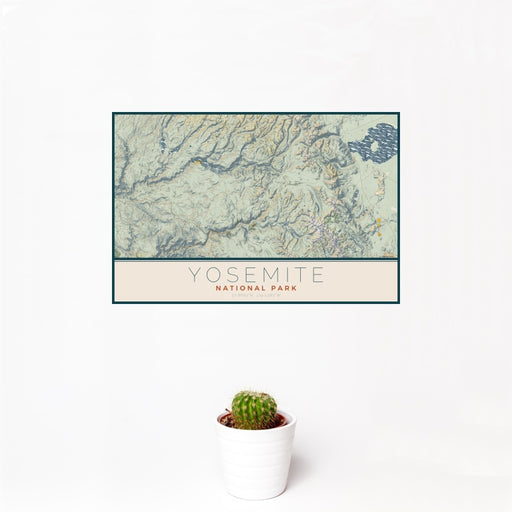 12x18 Yosemite National Park Map Print Landscape Orientation in Woodblock Style With Small Cactus Plant in White Planter