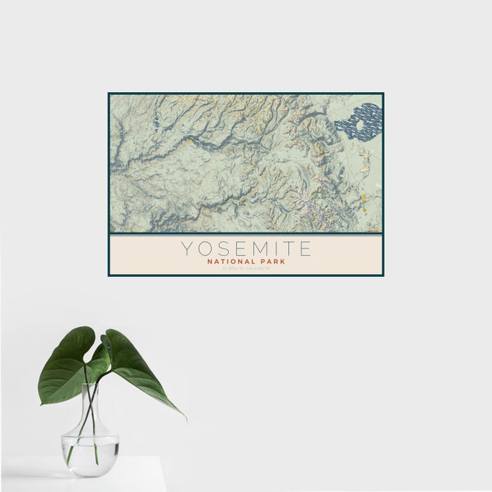 16x24 Yosemite National Park Map Print Landscape Orientation in Woodblock Style With Tropical Plant Leaves in Water